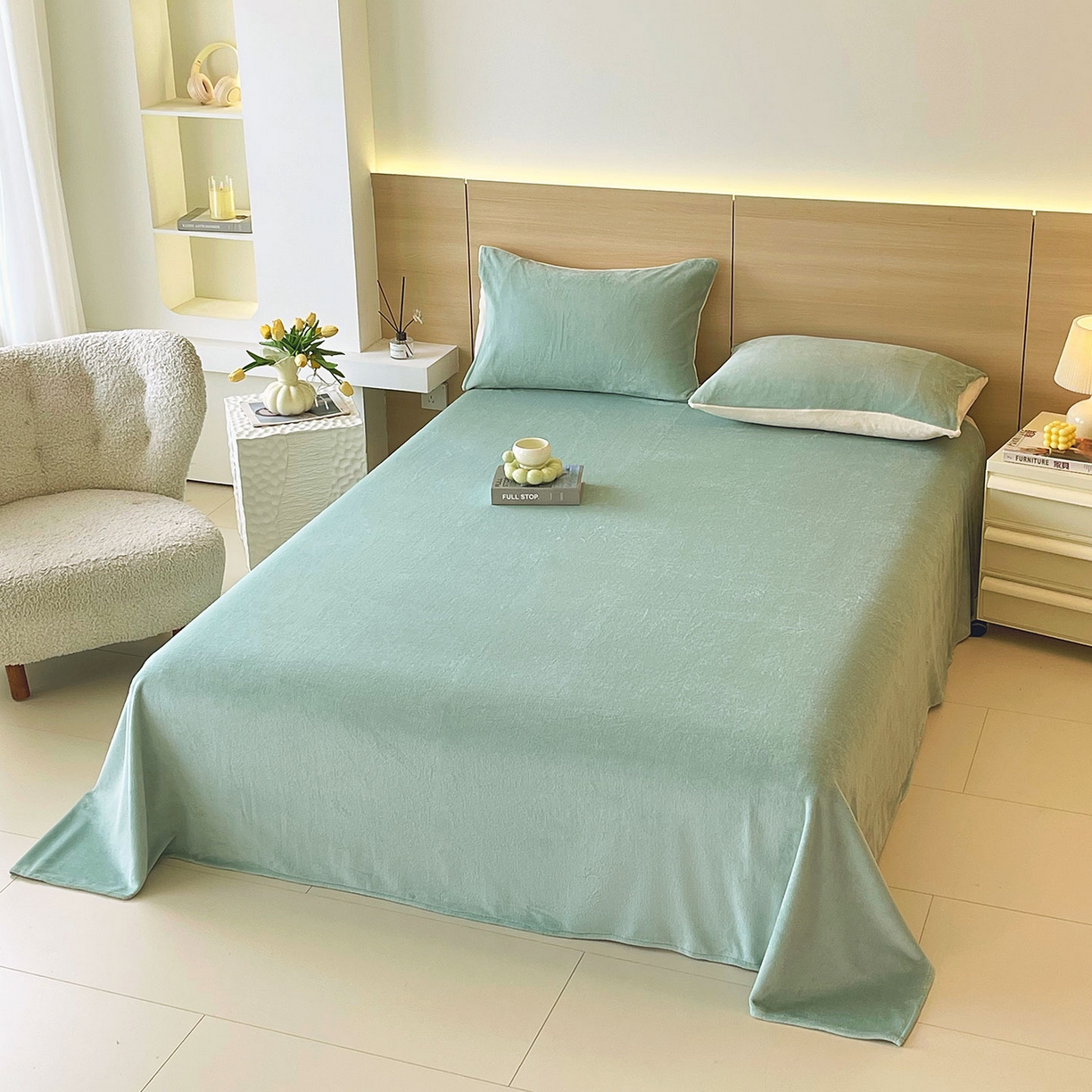 91家纺网 家纺一手货源 找家纺 小懒猪 2025年新款220克A类牛奶绒单床单 浅绿