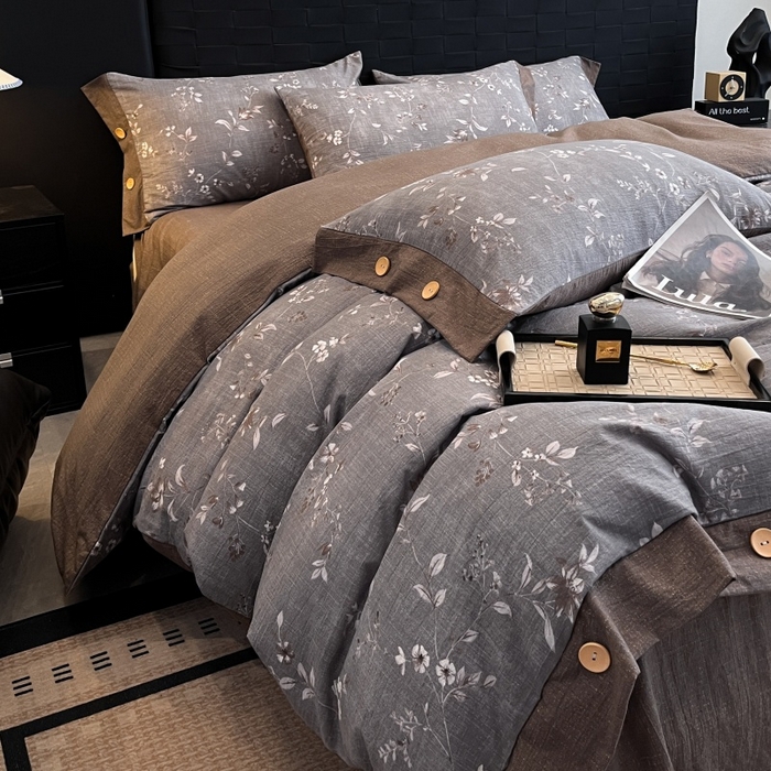 91家纺网 家纺一手货源 找家纺 梦舒羽 2025新款A类原麻纽扣四件套加厚被套床单床笠宿舍双人床仿亚麻套件 花蕾