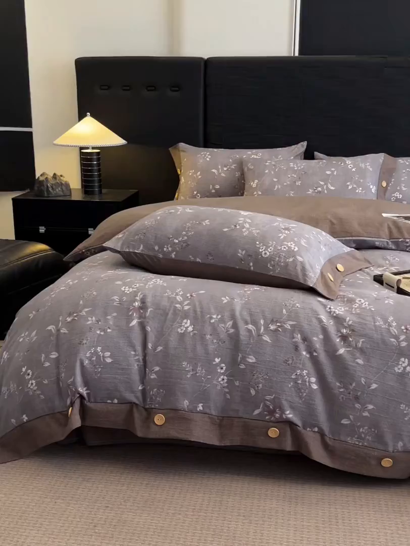 91家纺网 家纺一手货源 找家纺 梦舒羽 2025新款A类原麻纽扣四件套加厚被套床单床笠宿舍双人床仿亚麻套件 花蕾