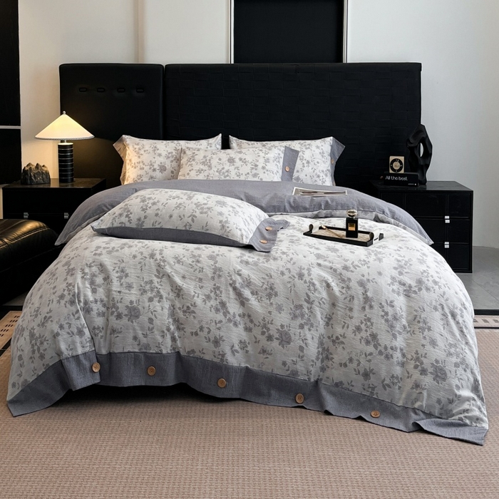 91家纺网 家纺一手货源 找家纺 梦舒羽 2025新款A类原麻纽扣四件套加厚被套床单床笠宿舍双人床仿亚麻套件 花之舞