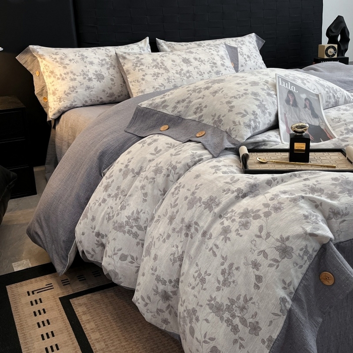 91家纺网 家纺一手货源 找家纺 梦舒羽 2025新款A类原麻纽扣四件套加厚被套床单床笠宿舍双人床仿亚麻套件 花之舞