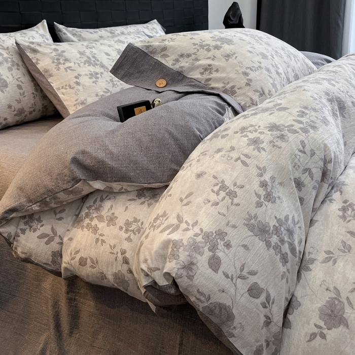 91家纺网 家纺一手货源 找家纺 梦舒羽 2025新款A类原麻纽扣四件套加厚被套床单床笠宿舍双人床仿亚麻套件 花之舞