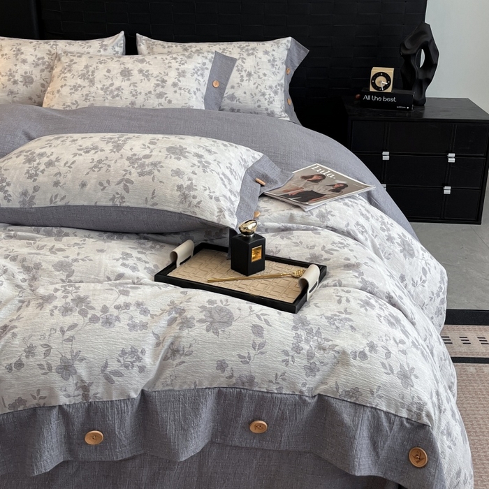 91家纺网 家纺一手货源 找家纺 梦舒羽 2025新款A类原麻纽扣四件套加厚被套床单床笠宿舍双人床仿亚麻套件 花之舞