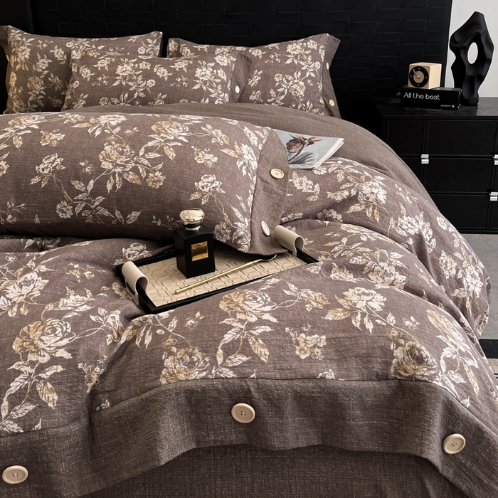 91家纺网 家纺一手货源 找家纺 梦舒羽 2025新款A类原麻纽扣四件套加厚被套床单床笠宿舍双人床仿亚麻套件 金锦