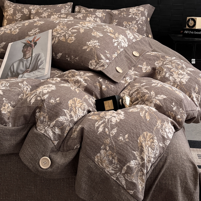 91家纺网 家纺一手货源 找家纺 梦舒羽 2025新款A类原麻纽扣四件套加厚被套床单床笠宿舍双人床仿亚麻套件 金锦