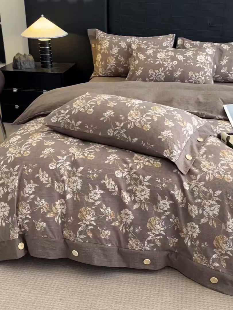 91家纺网 家纺一手货源 找家纺 梦舒羽 2025新款A类原麻纽扣四件套加厚被套床单床笠宿舍双人床仿亚麻套件 金锦