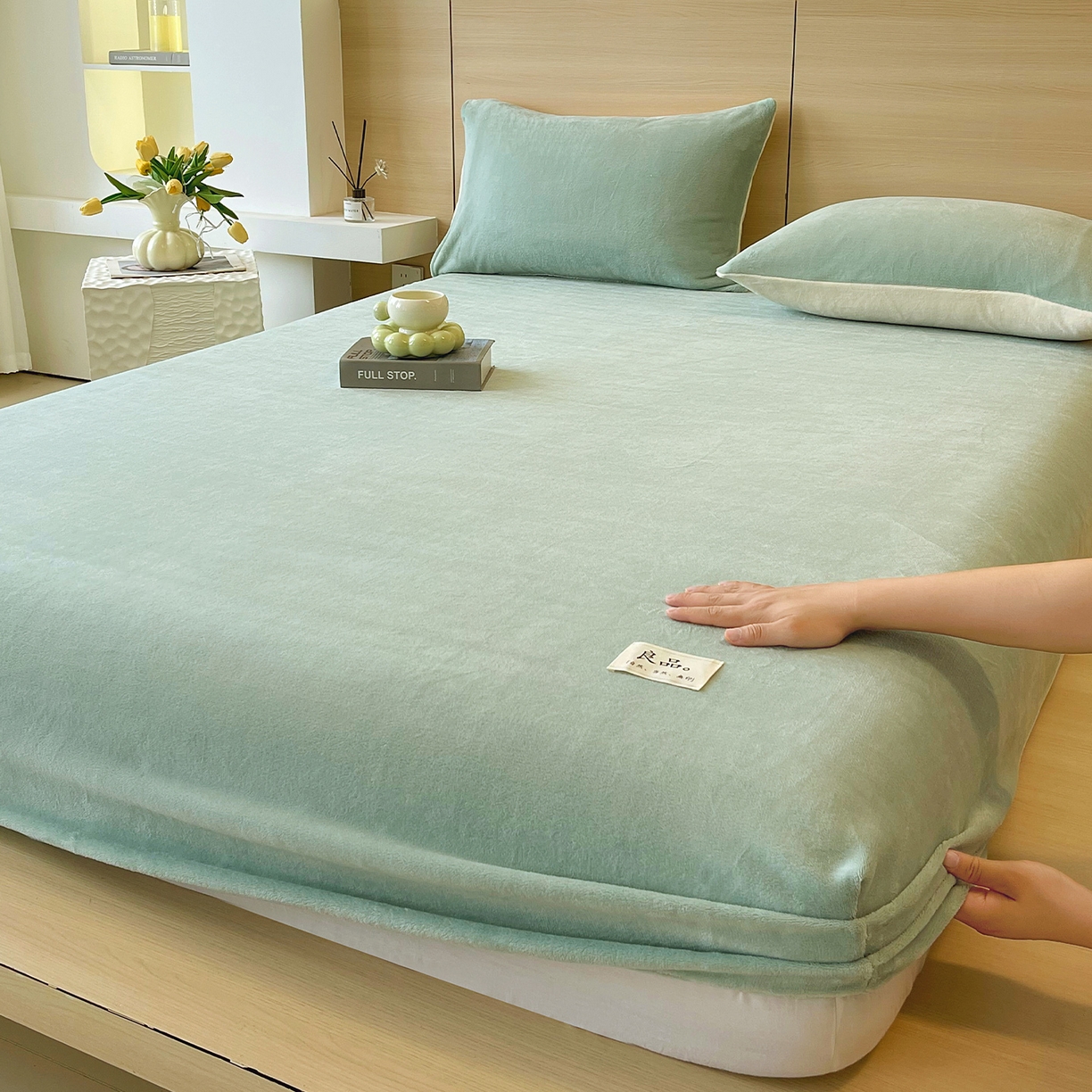 91家纺网 家纺一手货源 找家纺 小懒猪 2025年新款220克A类牛奶绒单床笠 浅绿