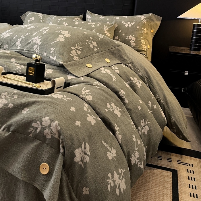 91家纺网 家纺一手货源 找家纺 梦舒羽 2025新款A类原麻纽扣四件套加厚被套床单床笠宿舍双人床仿亚麻套件 曼妙花园