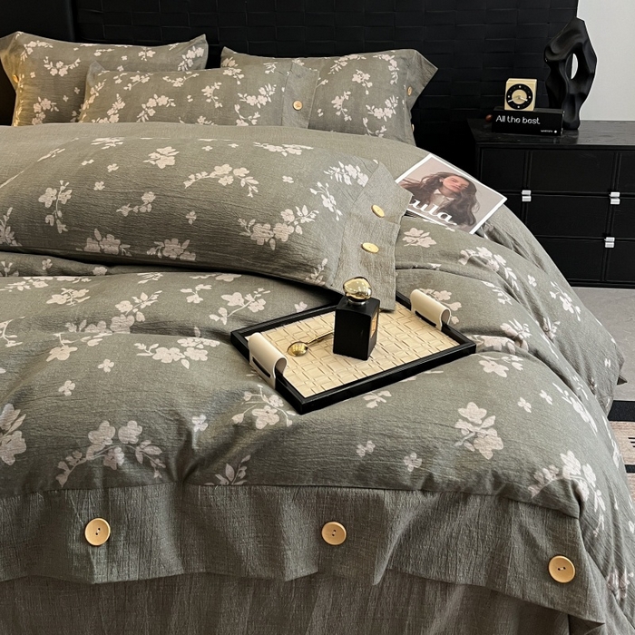 91家纺网 家纺一手货源 找家纺 梦舒羽 2025新款A类原麻纽扣四件套加厚被套床单床笠宿舍双人床仿亚麻套件 曼妙花园