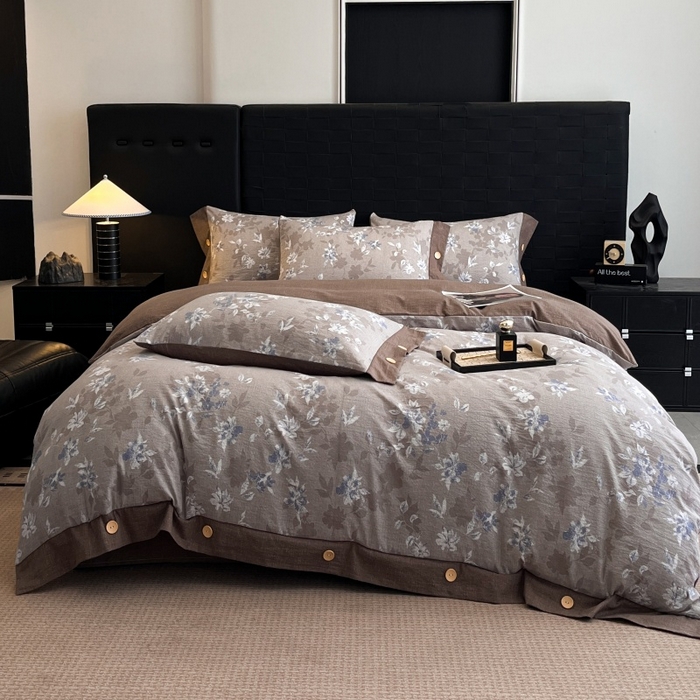 91家纺网 家纺一手货源 找家纺 梦舒羽 2025新款A类原麻纽扣四件套加厚被套床单床笠宿舍双人床仿亚麻套件 漫步花丛-蓝