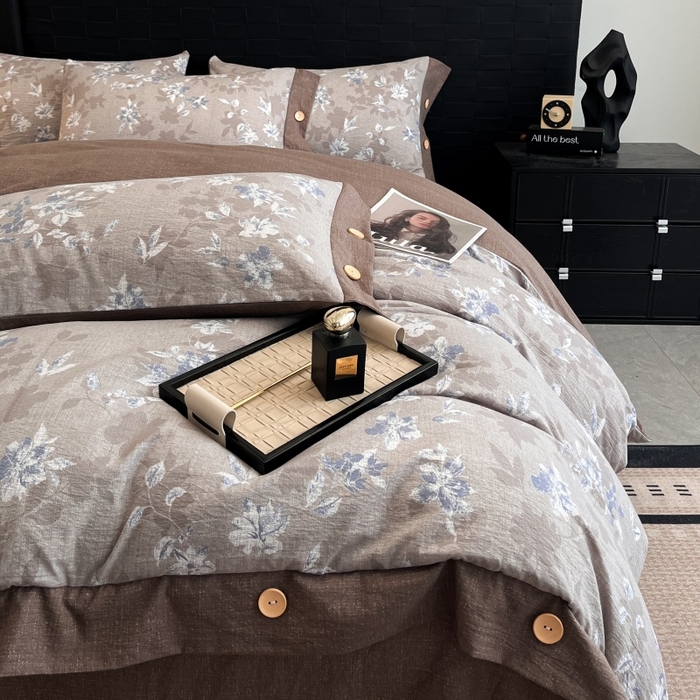 91家纺网 家纺一手货源 找家纺 梦舒羽 2025新款A类原麻纽扣四件套加厚被套床单床笠宿舍双人床仿亚麻套件 漫步花丛-蓝