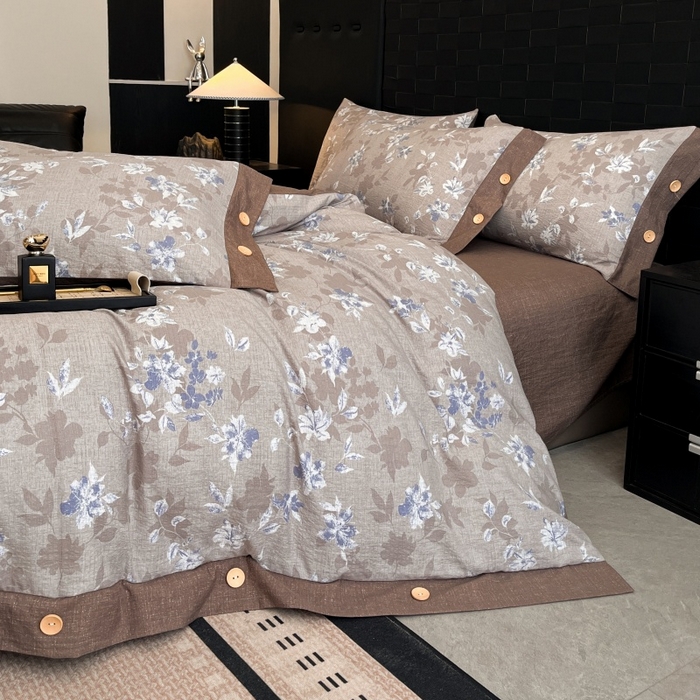 91家纺网 家纺一手货源 找家纺 梦舒羽 2025新款A类原麻纽扣四件套加厚被套床单床笠宿舍双人床仿亚麻套件 漫步花丛-蓝