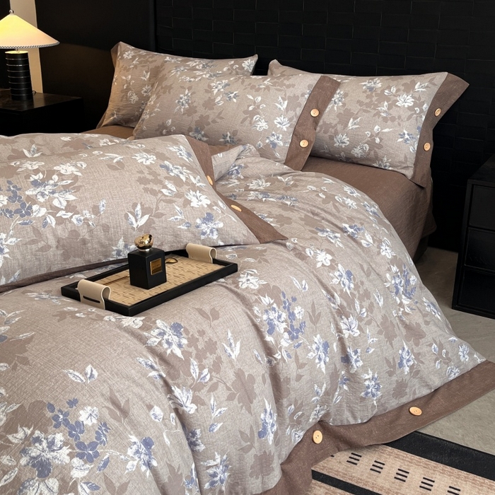 91家纺网 家纺一手货源 找家纺 梦舒羽 2025新款A类原麻纽扣四件套加厚被套床单床笠宿舍双人床仿亚麻套件 漫步花丛-蓝