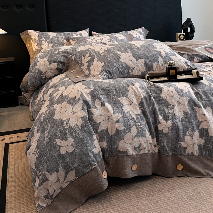 梦舒羽 2025新款A类原麻纽扣四件套加厚被套床单床笠宿舍双人床仿亚麻套件 陌上花开-咖