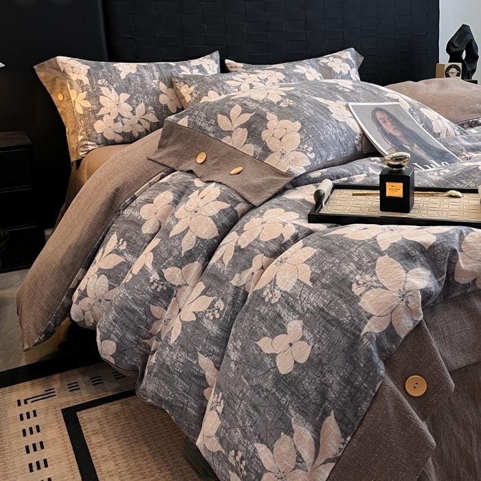 91家纺网 家纺一手货源 找家纺 梦舒羽 2025新款A类原麻纽扣四件套加厚被套床单床笠宿舍双人床仿亚麻套件 陌上花开-咖