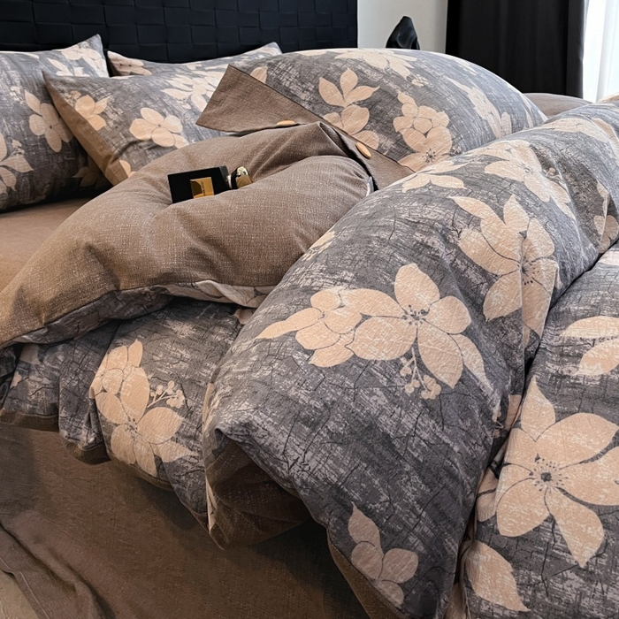 91家纺网 家纺一手货源 找家纺 梦舒羽 2025新款A类原麻纽扣四件套加厚被套床单床笠宿舍双人床仿亚麻套件 陌上花开-咖