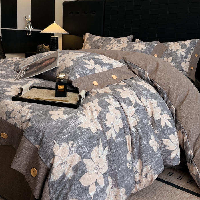 91家纺网 家纺一手货源 找家纺 梦舒羽 2025新款A类原麻纽扣四件套加厚被套床单床笠宿舍双人床仿亚麻套件 陌上花开-咖