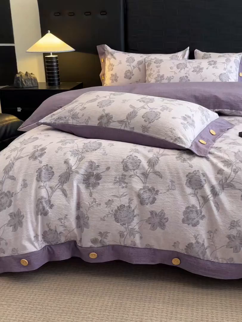 91家纺网 家纺一手货源 找家纺 梦舒羽 2025新款A类原麻纽扣四件套加厚被套床单床笠宿舍双人床仿亚麻套件 南笙