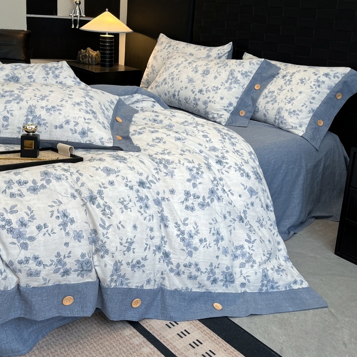 91家纺网 家纺一手货源 找家纺 梦舒羽 2025新款A类原麻纽扣四件套加厚被套床单床笠宿舍双人床仿亚麻套件 南阳旧梦