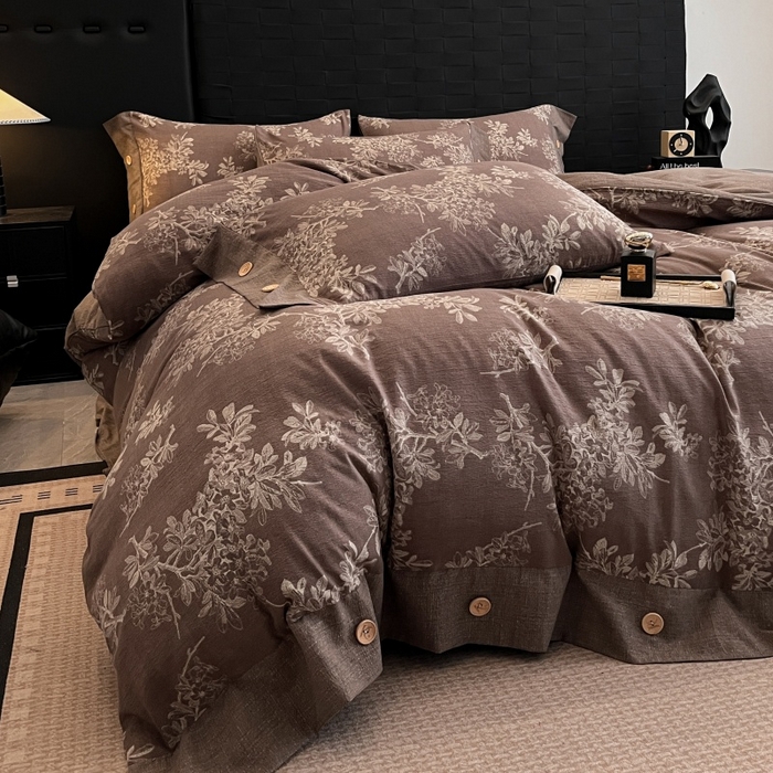 梦舒羽 2025新款A类原麻纽扣四件套加厚被套床单床笠宿舍双人床仿亚麻套件 秋意浓