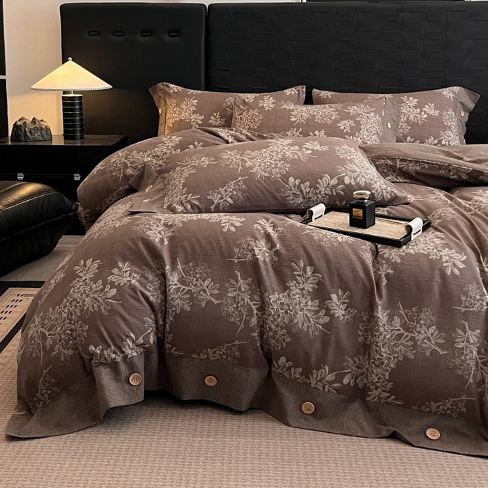 91家纺网 家纺一手货源 找家纺 梦舒羽 2025新款A类原麻纽扣四件套加厚被套床单床笠宿舍双人床仿亚麻套件 秋意浓