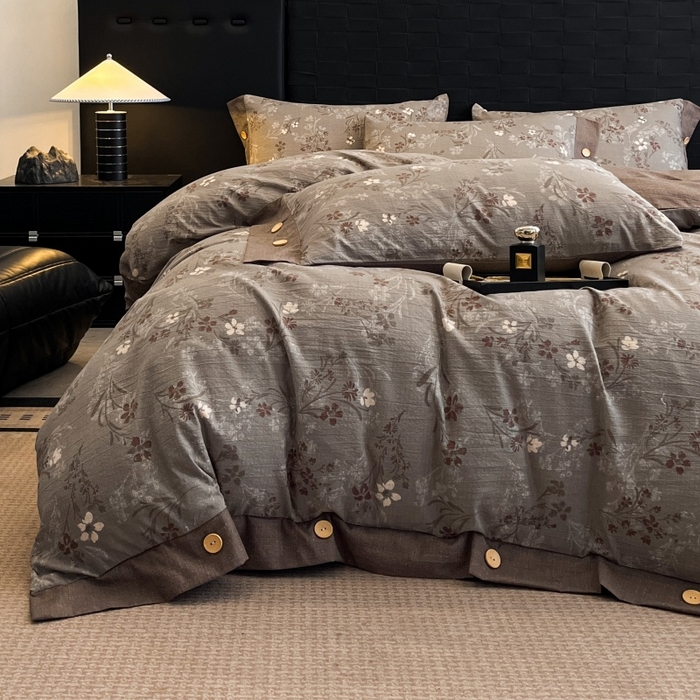 91家纺网 家纺一手货源 找家纺 梦舒羽 2025新款A类原麻纽扣四件套加厚被套床单床笠宿舍双人床仿亚麻套件 山花浪漫