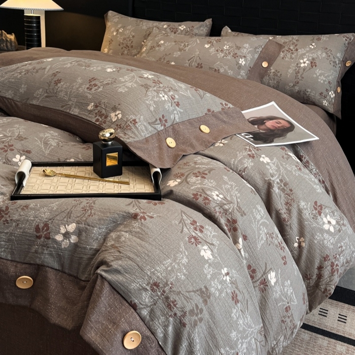 91家纺网 家纺一手货源 找家纺 梦舒羽 2025新款A类原麻纽扣四件套加厚被套床单床笠宿舍双人床仿亚麻套件 山花浪漫