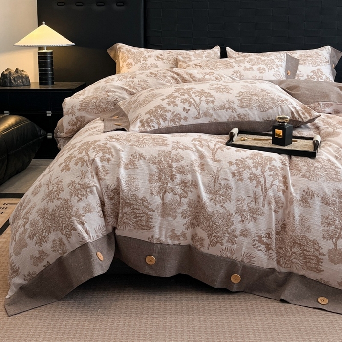 91家纺网 家纺一手货源 找家纺 梦舒羽 2025新款A类原麻纽扣四件套加厚被套床单床笠宿舍双人床仿亚麻套件 水木年华