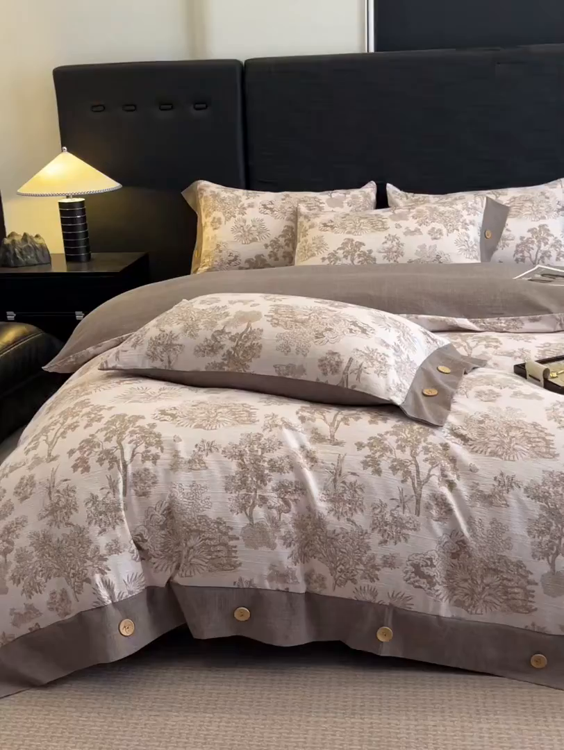 91家纺网 家纺一手货源 找家纺 梦舒羽 2025新款A类原麻纽扣四件套加厚被套床单床笠宿舍双人床仿亚麻套件 水木年华