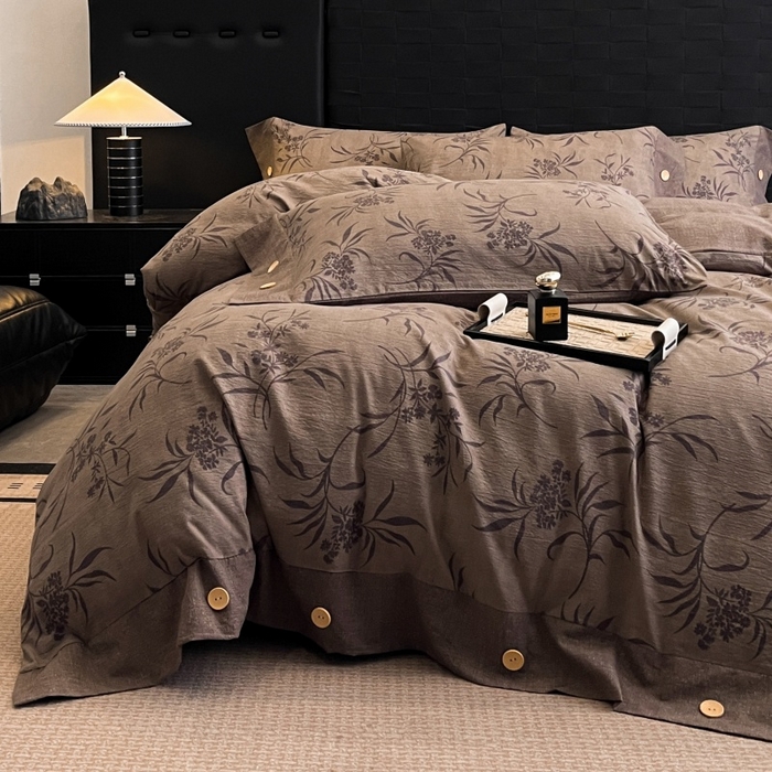 91家纺网 家纺一手货源 找家纺 梦舒羽 2025新款A类原麻纽扣四件套加厚被套床单床笠宿舍双人床仿亚麻套件 素锦