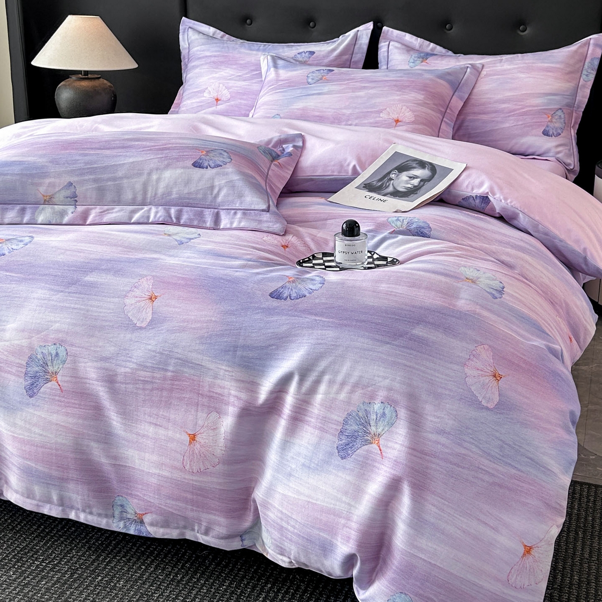 玉海棠家纺 2025新款数码印花加厚全棉磨毛四件套 紫潭浮金