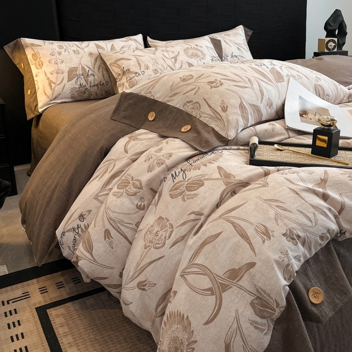 91家纺网 家纺一手货源 找家纺 梦舒羽 2025新款A类原麻纽扣四件套加厚被套床单床笠宿舍双人床仿亚麻套件 向阳花开