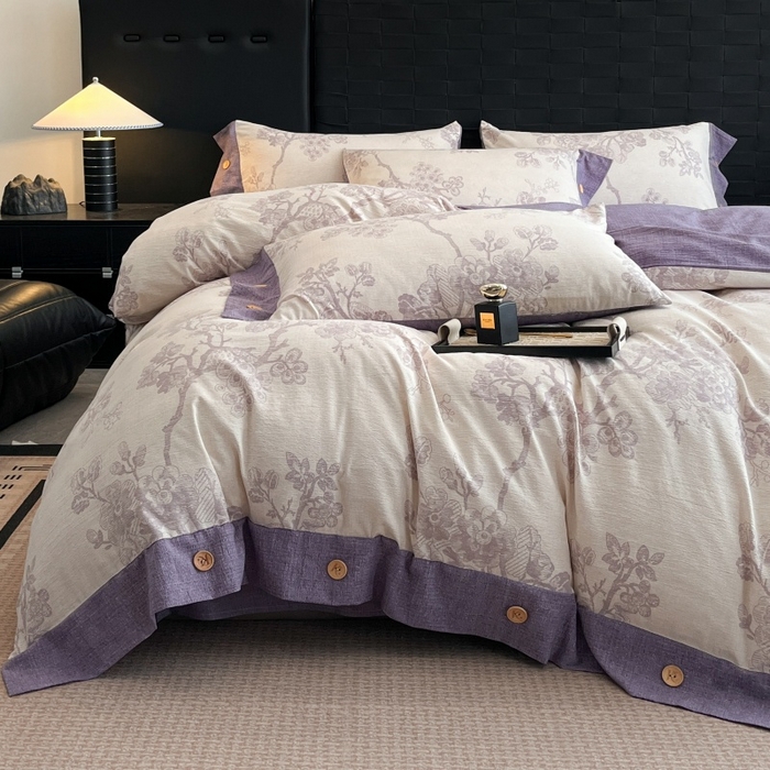 91家纺网 家纺一手货源 找家纺 梦舒羽 2025新款A类原麻纽扣四件套加厚被套床单床笠宿舍双人床仿亚麻套件 紫嫣