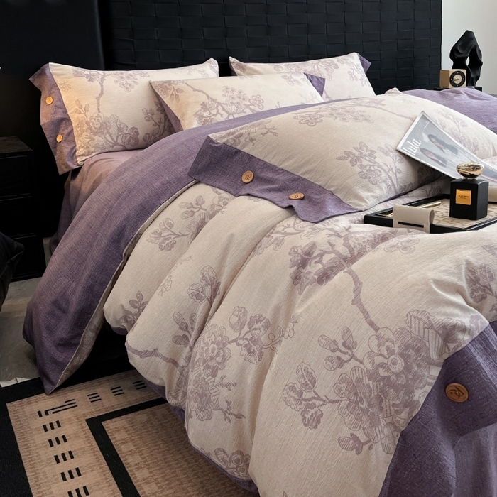 91家纺网 家纺一手货源 找家纺 梦舒羽 2025新款A类原麻纽扣四件套加厚被套床单床笠宿舍双人床仿亚麻套件 紫嫣