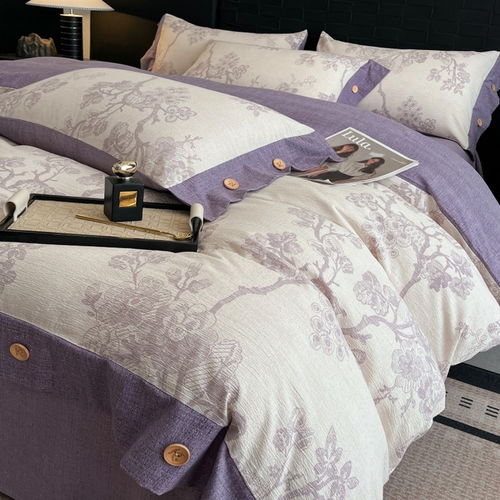 91家纺网 家纺一手货源 找家纺 梦舒羽 2025新款A类原麻纽扣四件套加厚被套床单床笠宿舍双人床仿亚麻套件 紫嫣