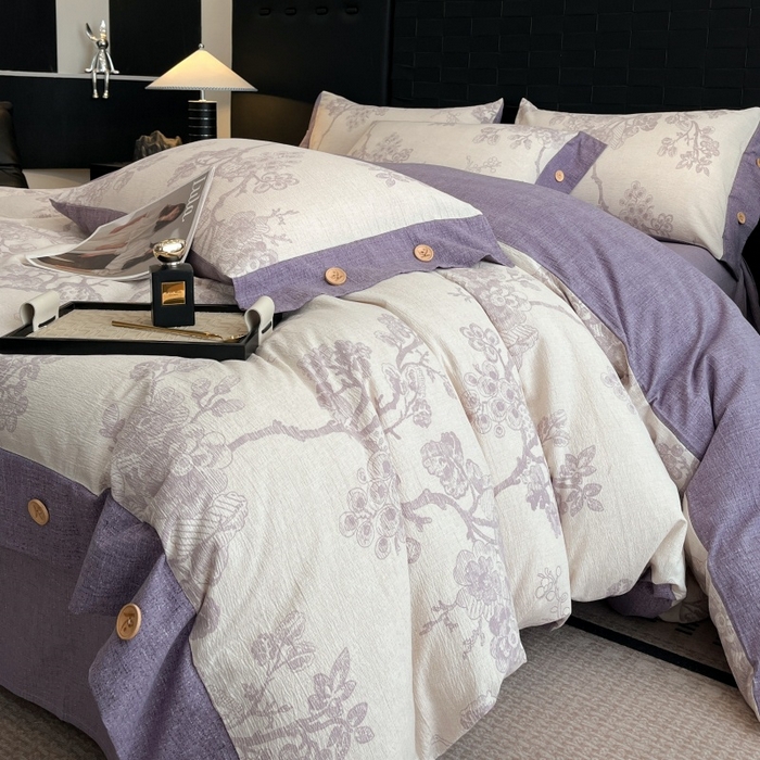 91家纺网 家纺一手货源 找家纺 梦舒羽 2025新款A类原麻纽扣四件套加厚被套床单床笠宿舍双人床仿亚麻套件 紫嫣