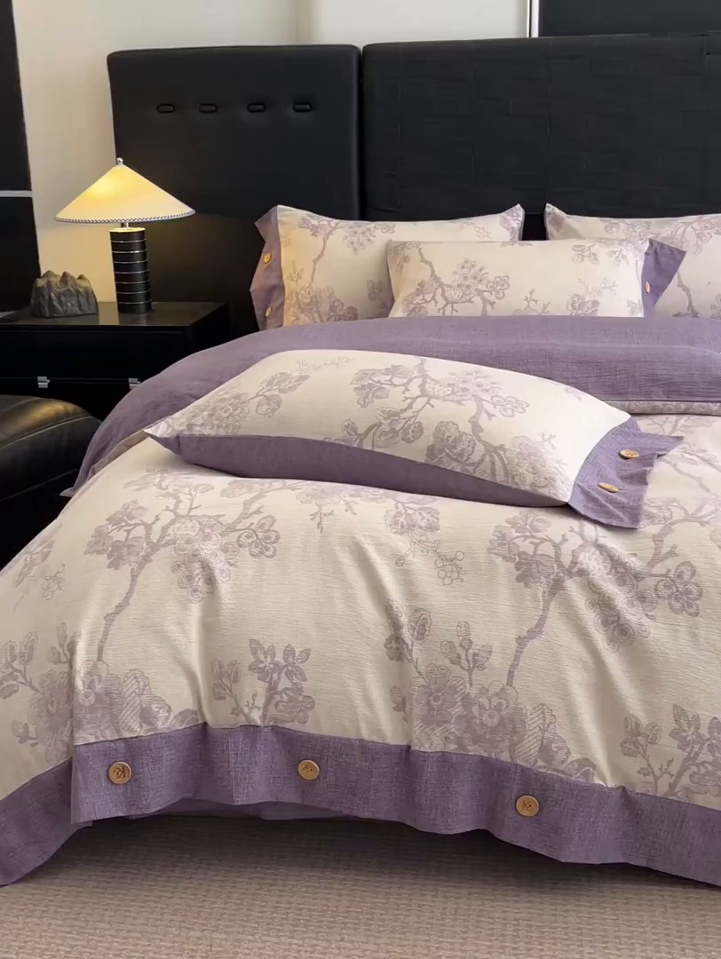 91家纺网 家纺一手货源 找家纺 梦舒羽 2025新款A类原麻纽扣四件套加厚被套床单床笠宿舍双人床仿亚麻套件 紫嫣