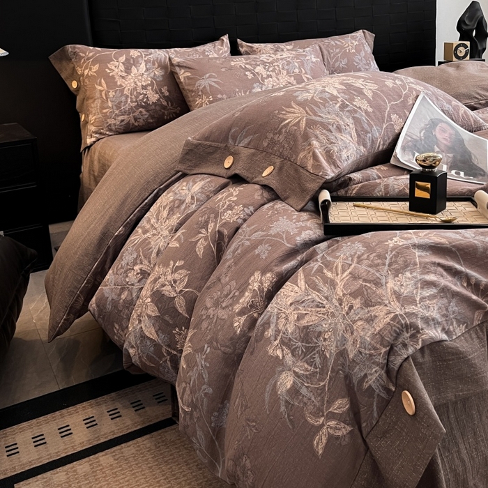 91家纺网 家纺一手货源 找家纺 圣比熊 2025新款A类原麻纽扣四件套加厚被套床单床笠宿舍双人床仿亚麻套件 金枝玉叶