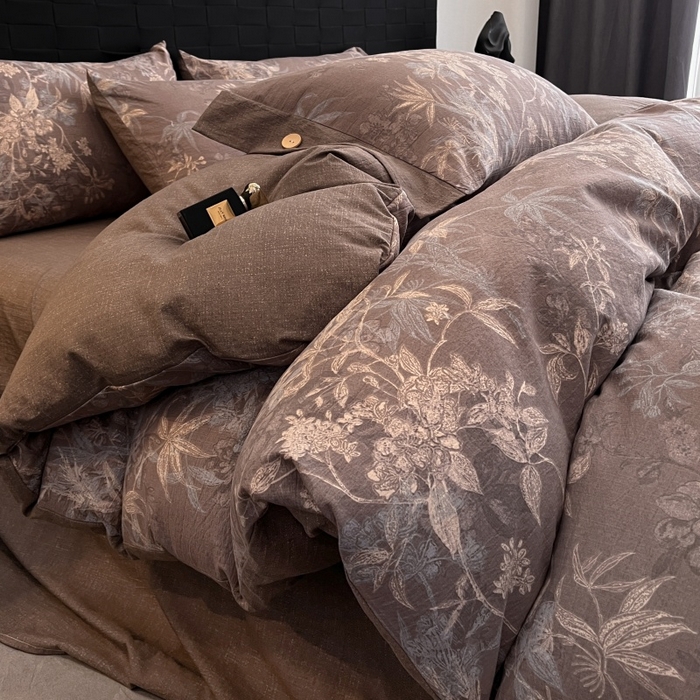 91家纺网 家纺一手货源 找家纺 圣比熊 2025新款A类原麻纽扣四件套加厚被套床单床笠宿舍双人床仿亚麻套件 金枝玉叶