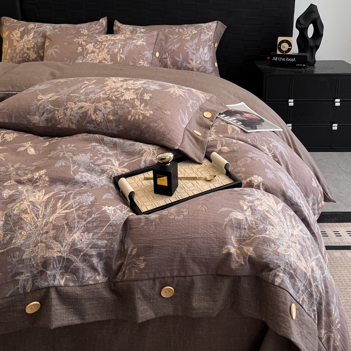 91家纺网 家纺一手货源 找家纺 圣比熊 2025新款A类原麻纽扣四件套加厚被套床单床笠宿舍双人床仿亚麻套件 金枝玉叶