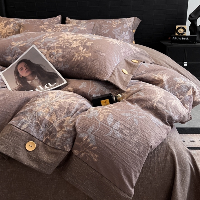 91家纺网 家纺一手货源 找家纺 圣比熊 2025新款A类原麻纽扣四件套加厚被套床单床笠宿舍双人床仿亚麻套件 金枝玉叶