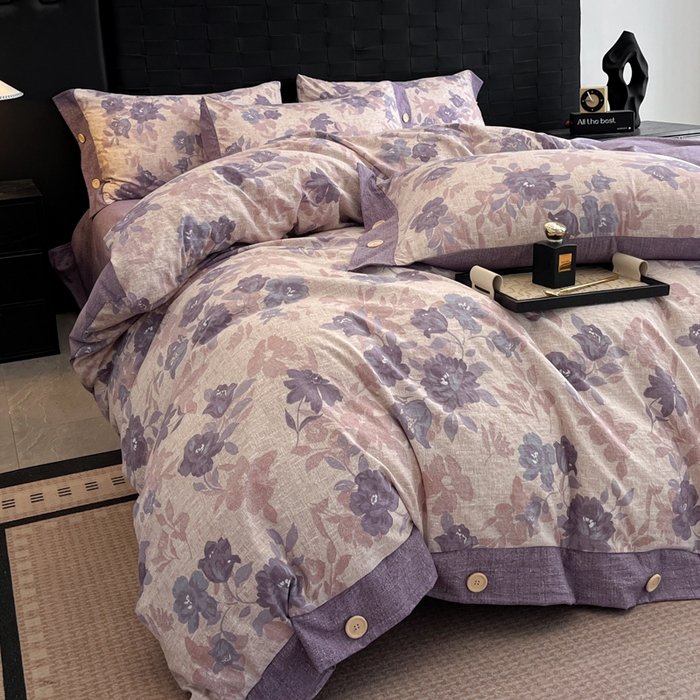 91家纺网 家纺一手货源 找家纺 圣比熊 2025新款A类原麻纽扣四件套加厚被套床单床笠宿舍双人床仿亚麻套件 安紫