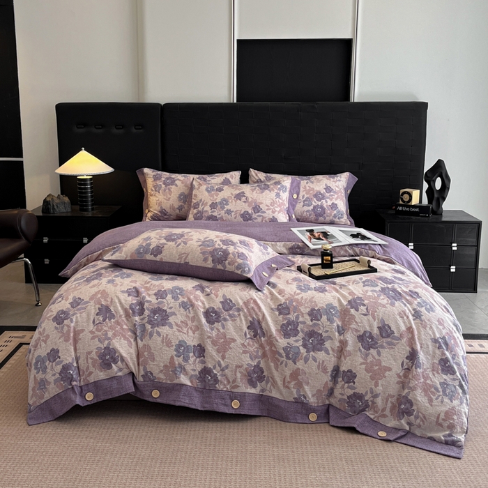 91家纺网 家纺一手货源 找家纺 圣比熊 2025新款A类原麻纽扣四件套加厚被套床单床笠宿舍双人床仿亚麻套件 安紫