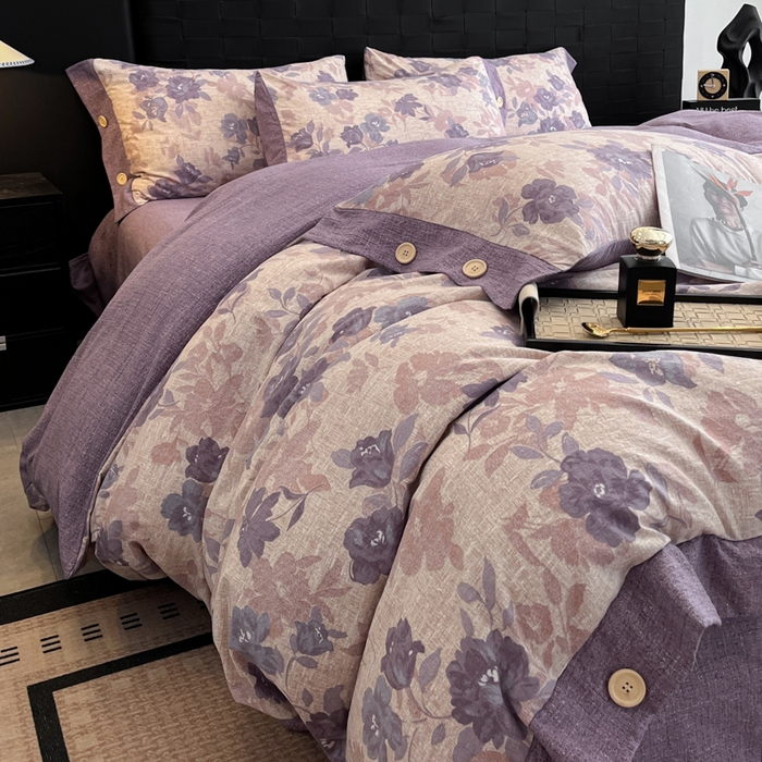 91家纺网 家纺一手货源 找家纺 圣比熊 2025新款A类原麻纽扣四件套加厚被套床单床笠宿舍双人床仿亚麻套件 安紫