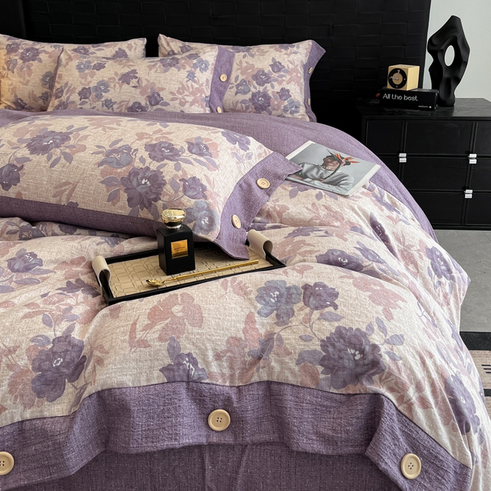 91家纺网 家纺一手货源 找家纺 圣比熊 2025新款A类原麻纽扣四件套加厚被套床单床笠宿舍双人床仿亚麻套件 安紫