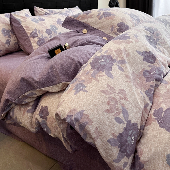 91家纺网 家纺一手货源 找家纺 圣比熊 2025新款A类原麻纽扣四件套加厚被套床单床笠宿舍双人床仿亚麻套件 安紫