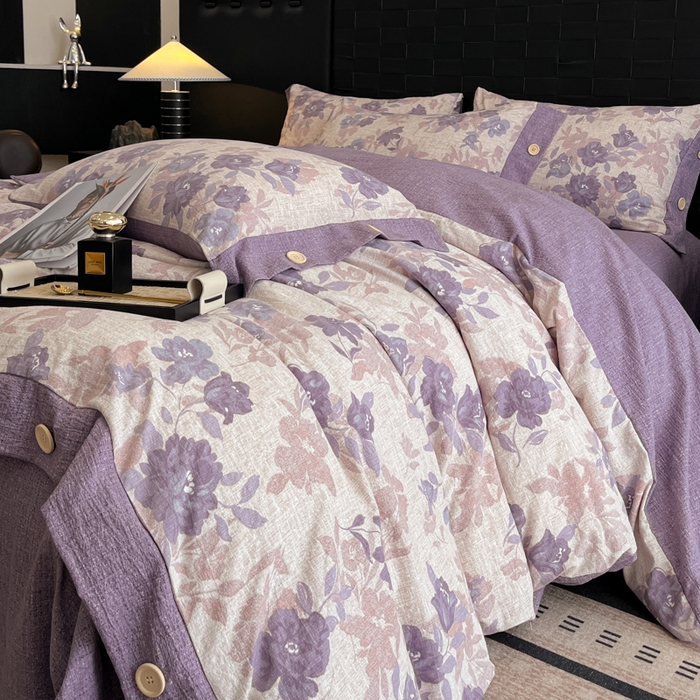 91家纺网 家纺一手货源 找家纺 圣比熊 2025新款A类原麻纽扣四件套加厚被套床单床笠宿舍双人床仿亚麻套件 安紫