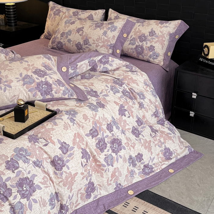 91家纺网 家纺一手货源 找家纺 圣比熊 2025新款A类原麻纽扣四件套加厚被套床单床笠宿舍双人床仿亚麻套件 安紫