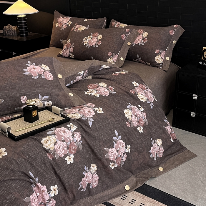 91家纺网 家纺一手货源 找家纺 圣比熊 2025新款A类原麻纽扣四件套加厚被套床单床笠宿舍双人床仿亚麻套件 繁花