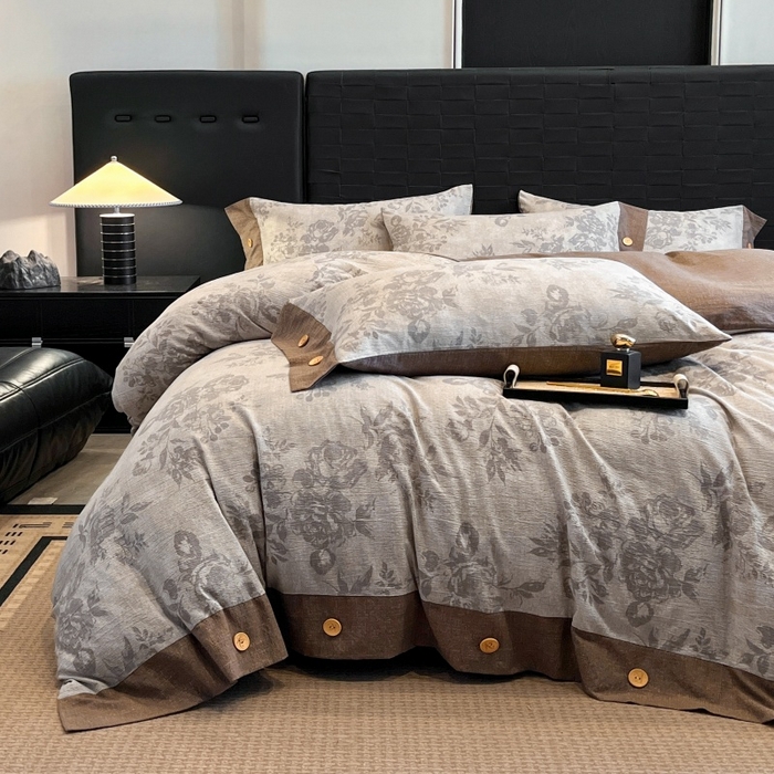 91家纺网 家纺一手货源 找家纺 圣比熊 2025新款A类原麻纽扣四件套加厚被套床单床笠宿舍双人床仿亚麻套件 古堡花园-咖